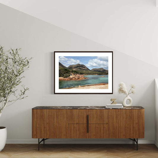 Tasmanian mountains print meeting clear bay waters