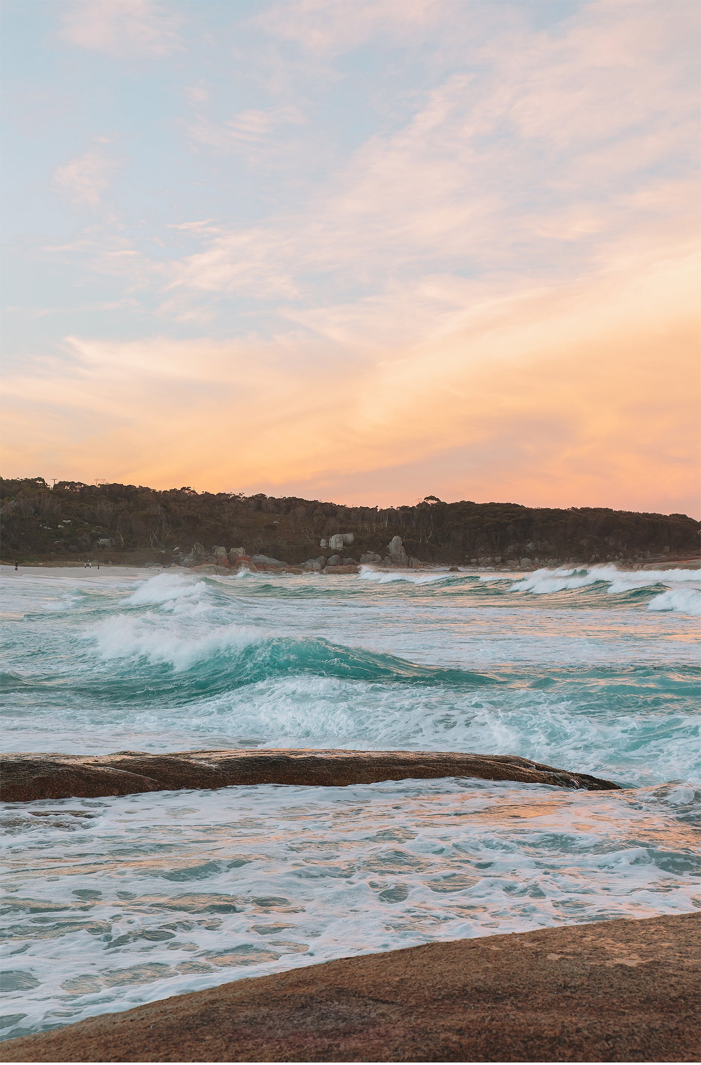 Bay of Fires coastal sunset with pink sky and rocky shoreline print