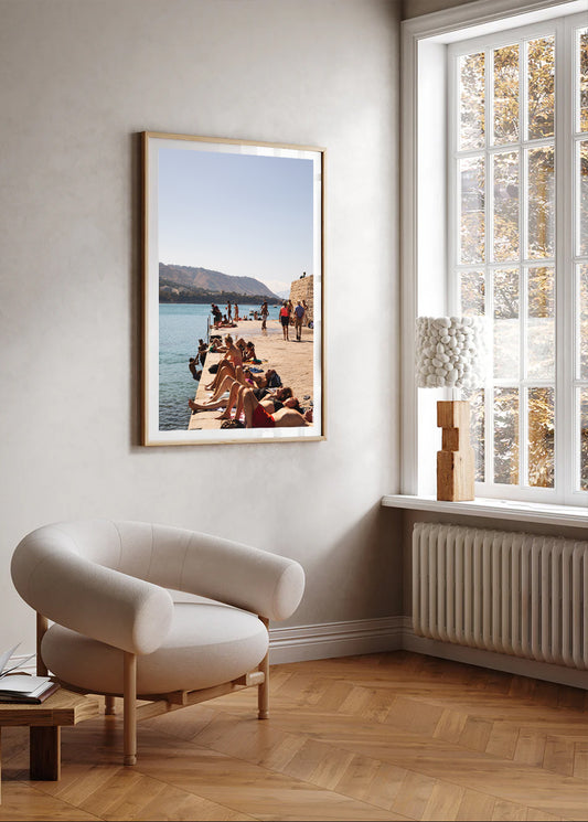 Mediterranean coastal wall art photo from Cefalù, Sicily featuring turquoise water and a summer moment on the jetty.