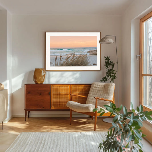 Landscape print of pink sunset over Bay of Fires Tasmania with beach reeds in foreground
