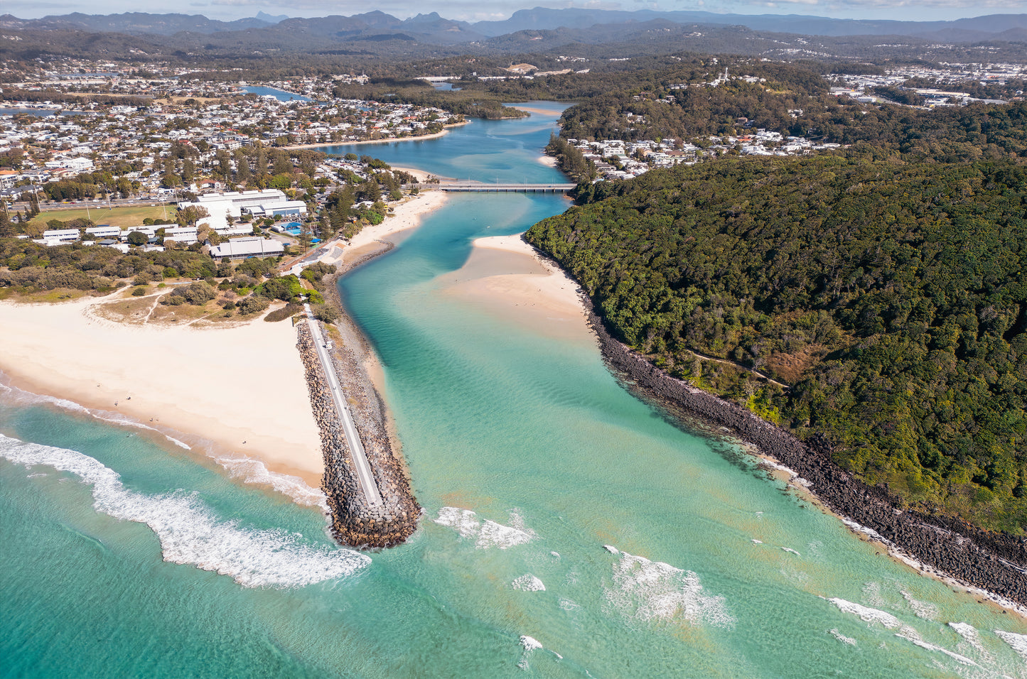 Aerial landscape print of Tallebudgera Creek mouth and rock wall, Gold Coast – turquoise coastal wall art