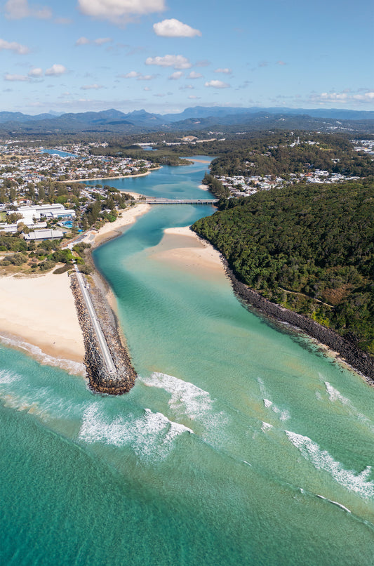 Aerial print of Tallebudgera Creek mouth and rock wall, Gold Coast – turquoise coastal wall art