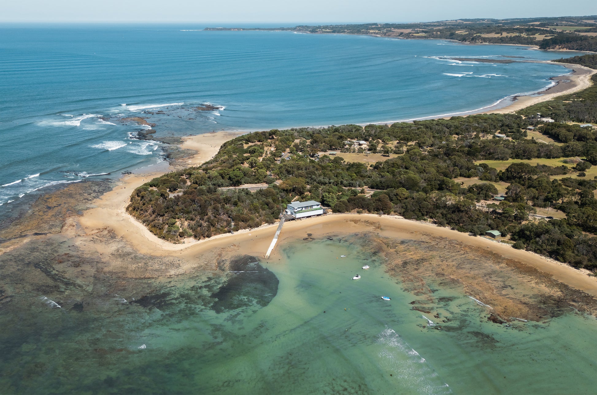 Aerial print of Point Leo Boat Club, jetty and surf on the Mornington Peninsula, Western Port – coastal wall art
