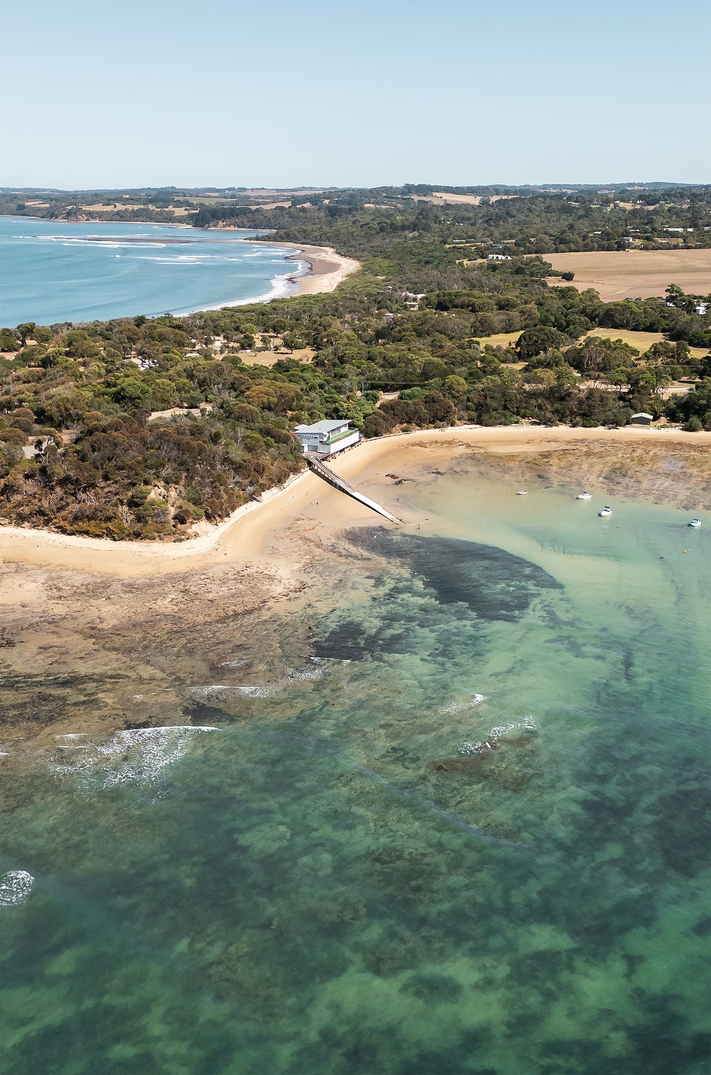 Aerial print of Point Leo Boat Club and reef on the Mornington Peninsula, Western Port – coastal wall art