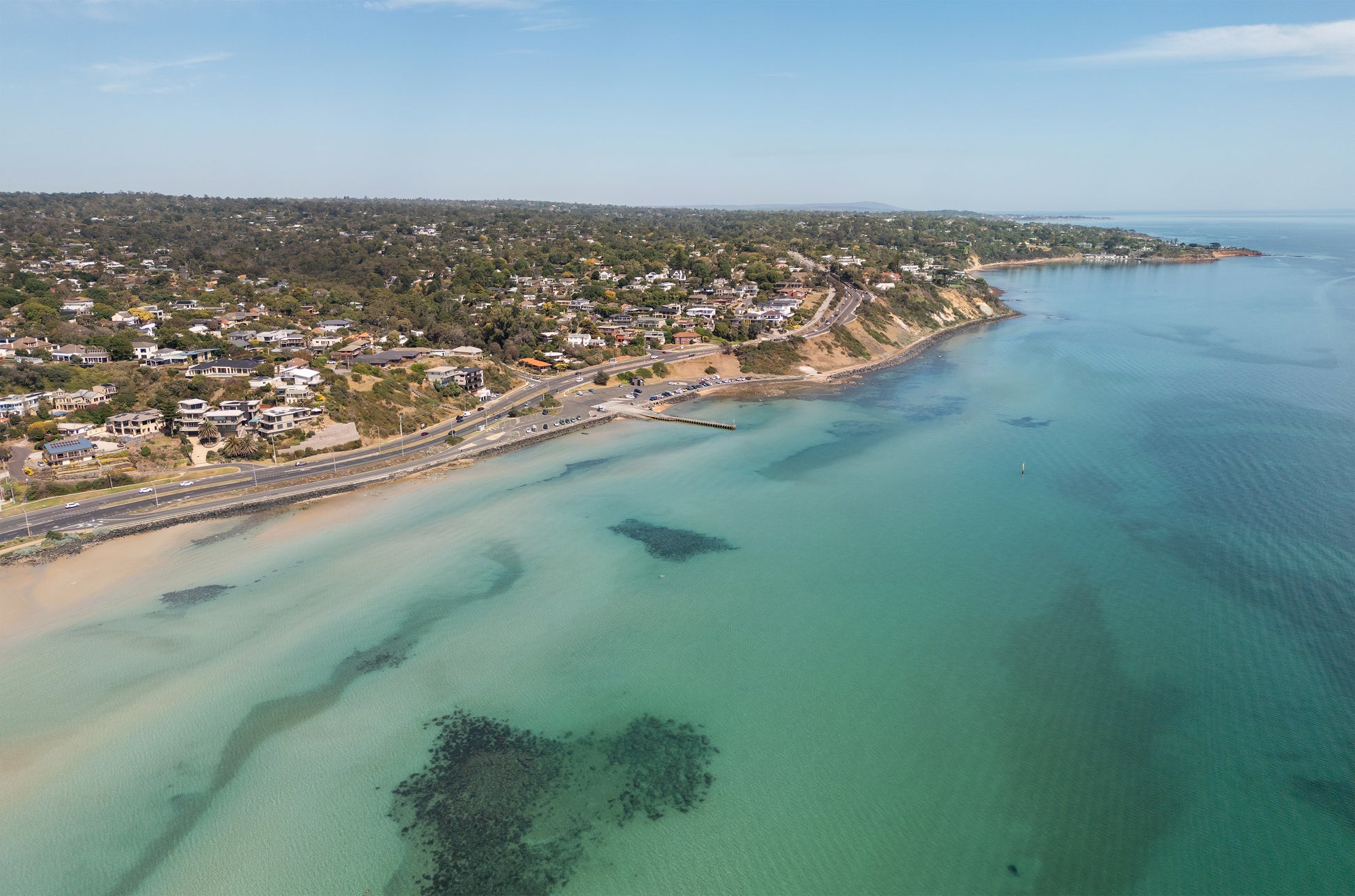 Aerial print of the Frankston coastline and clear shallows below Olivers Hill, Port Phillip Bay – coastal wall art