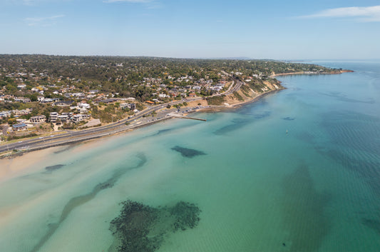 Aerial print of the Frankston coastline and clear shallows below Olivers Hill, Port Phillip Bay – coastal wall art