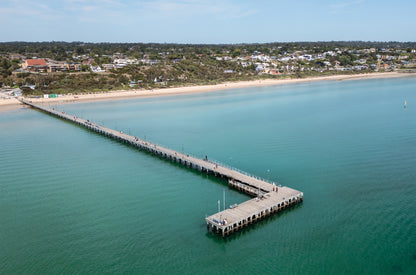 Aerial print of Frankston Pier reaching into Port Phillip Bay, Victoria – coastal wall art