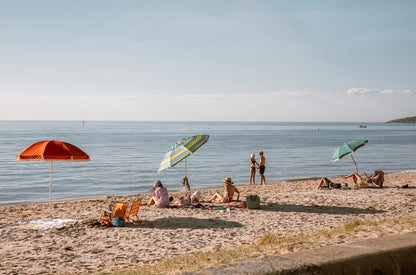Colourful beach umbrellas on a summer morning at Dromana Beach, Mornington Peninsula – coastal wall art print