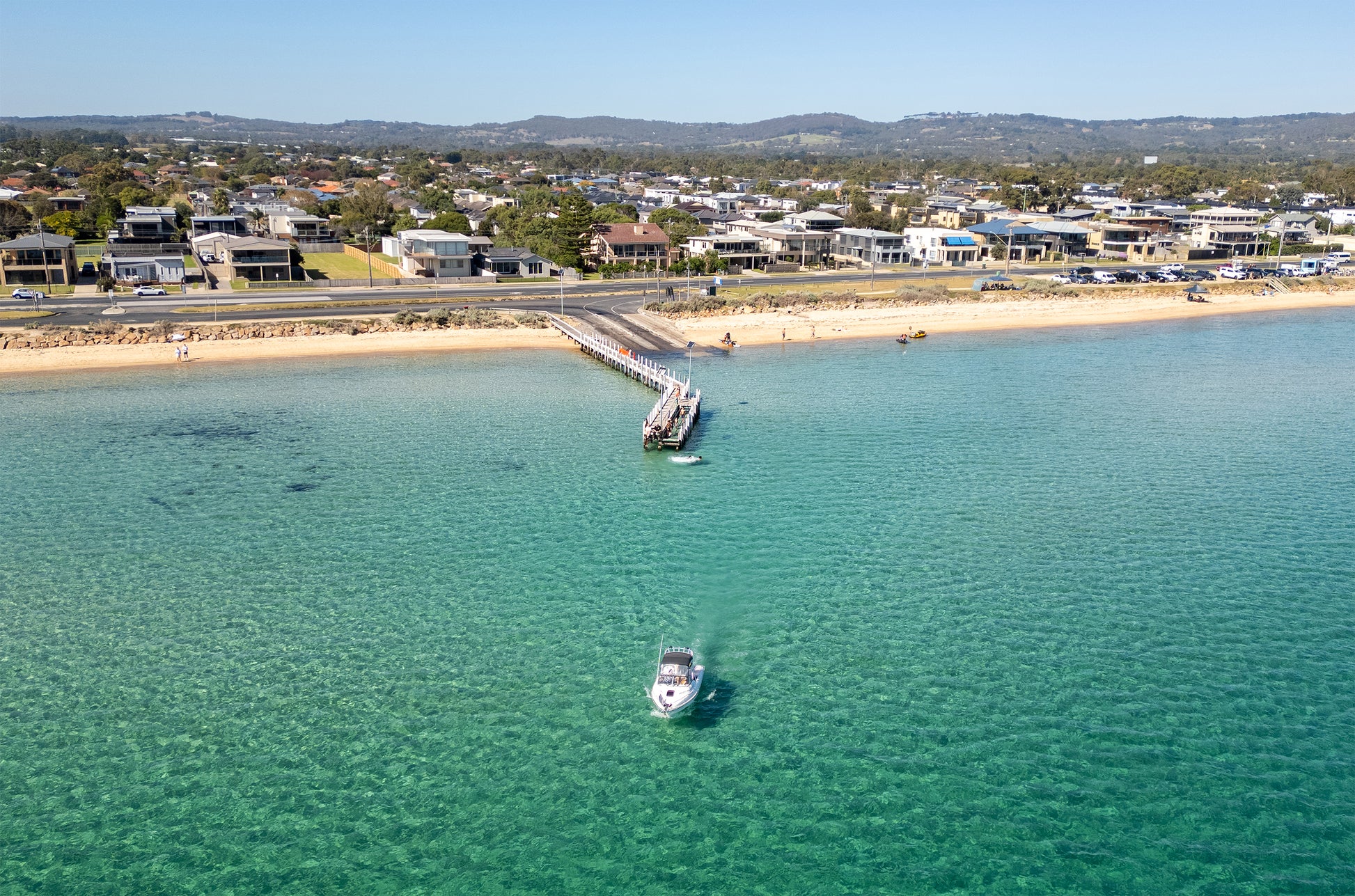 Aerial print of Safety Beach jetty and a boat on turquoise water, Mornington Peninsula – coastal wall art