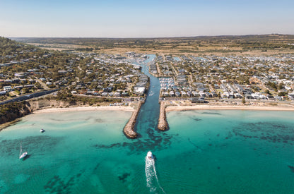 Aerial landscape print of Martha Cove inlet and turquoise water at Safety Beach, Mornington Peninsula – coastal wall art