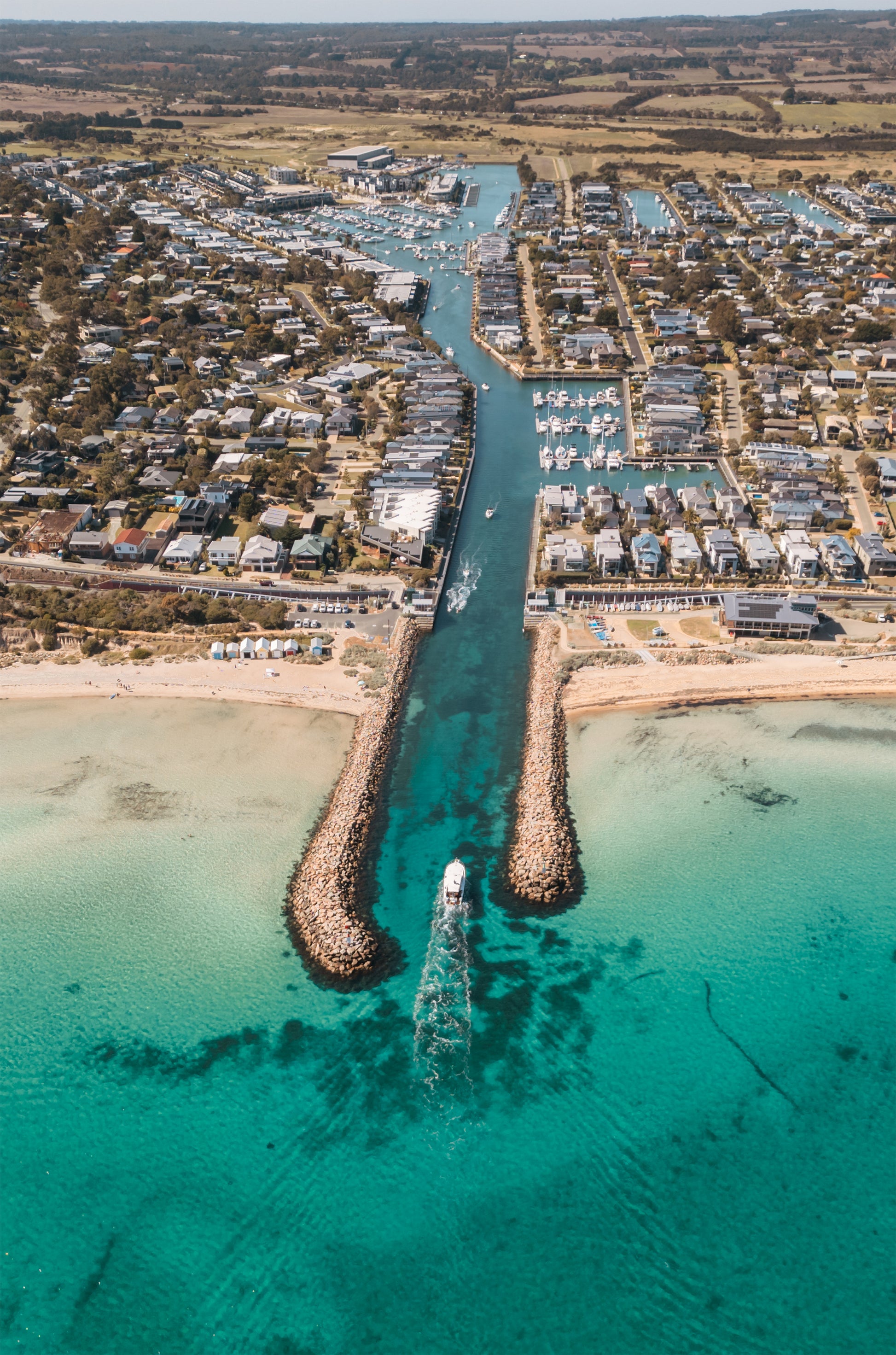 Aerial print of Martha Cove inlet and breakwaters at Safety Beach, Mornington Peninsula – coastal wall art