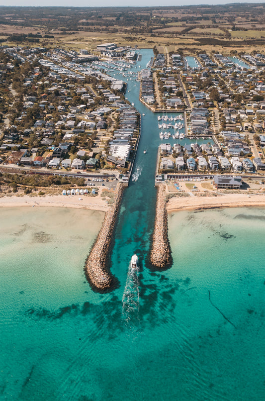 Aerial print of Martha Cove inlet and breakwaters at Safety Beach, Mornington Peninsula – coastal wall art