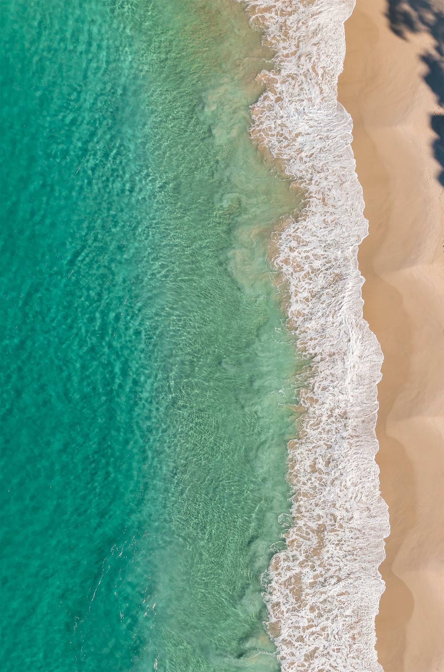 Top-down aerial of Huskisson Beach NSW, with emerald green water, white foaming wave edges and golden sand crossed by tree shadows.
