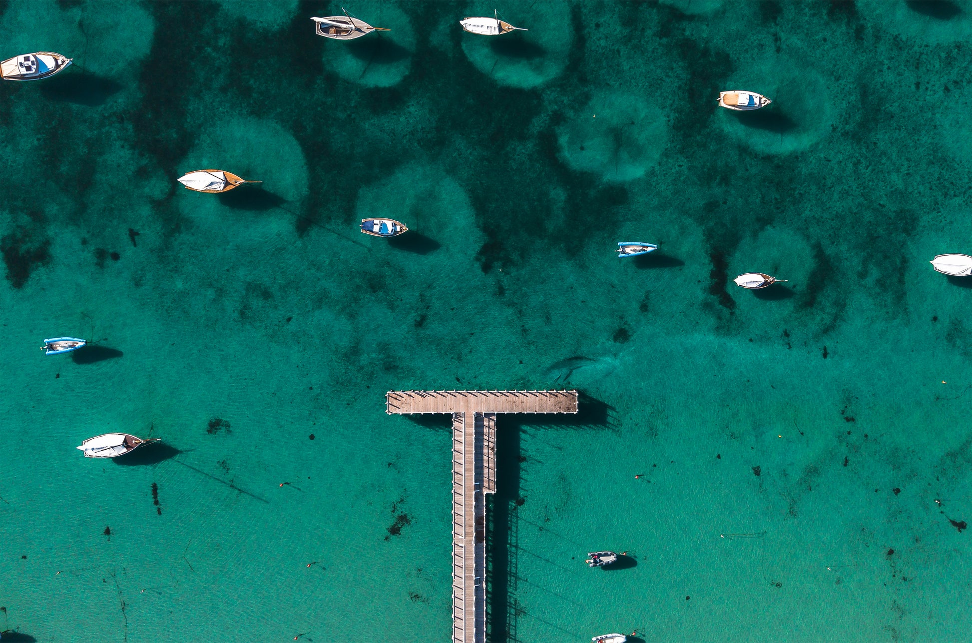 Top-down aerial of the T-shaped Sorrento sailing pier on emerald Port Phillip Bay water, surrounded by moored couta boats and dinghies.