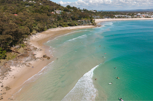 Aerial view flying into Little Cove at Noosa Heads, Sunshine Coast, with surfers on turquoise water, rainforest along the shore and Noosa Main Beach in the distance.