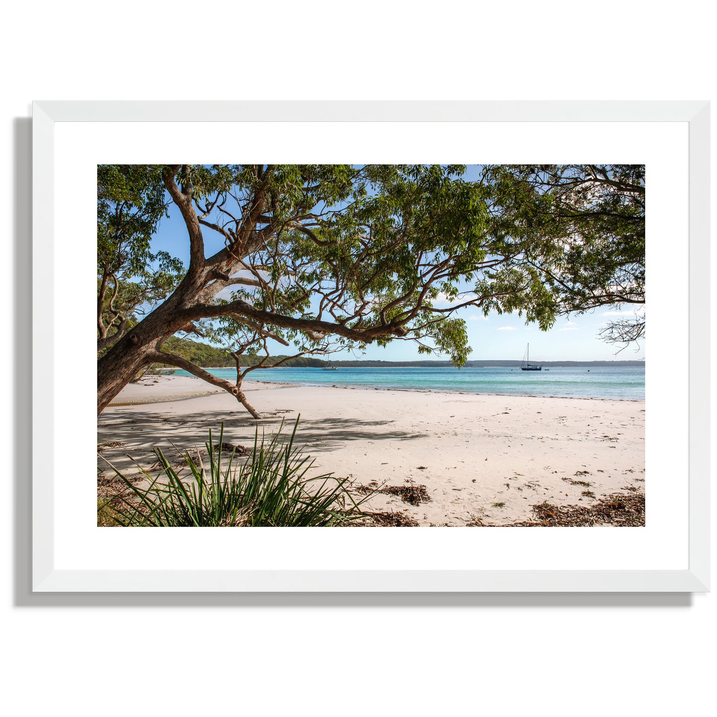Jervis Bay Sails print shown framed in white with a white border mat.