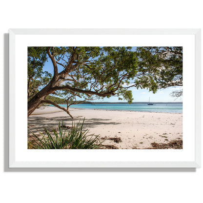 Jervis Bay Sails print shown framed in white with a white border mat.